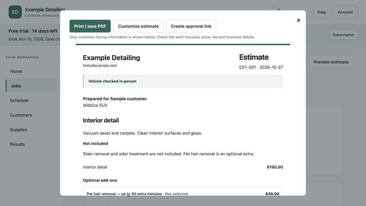 An estimate in the real Costbook workspace. Example business and figures.
