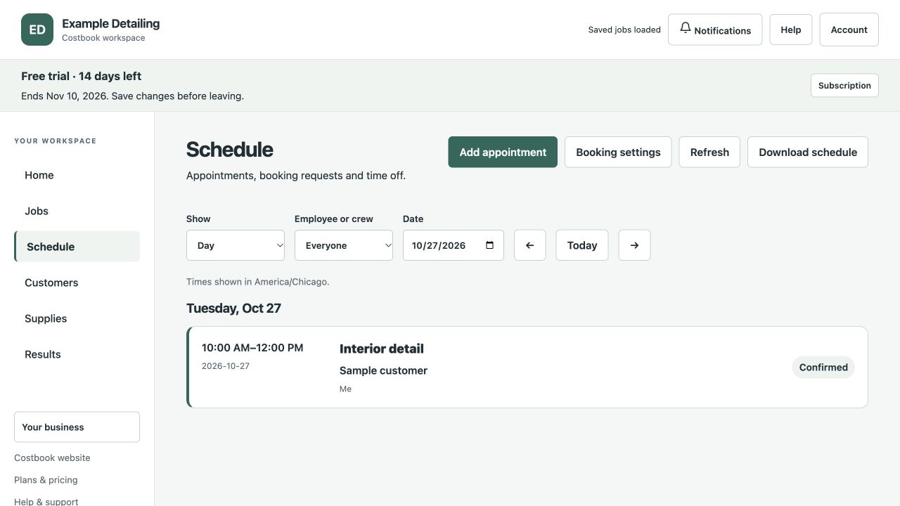 The real Costbook schedule with sample appointments.