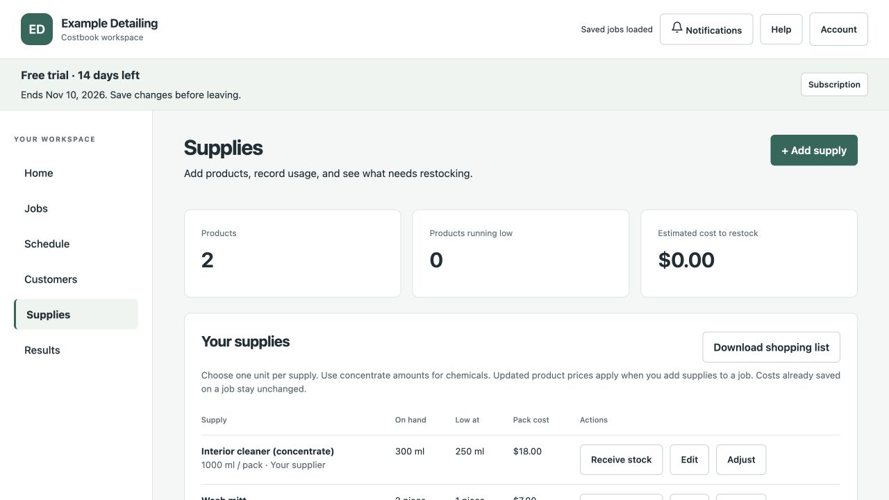 Supply tracking in the real Costbook workspace. Example products and quantities.